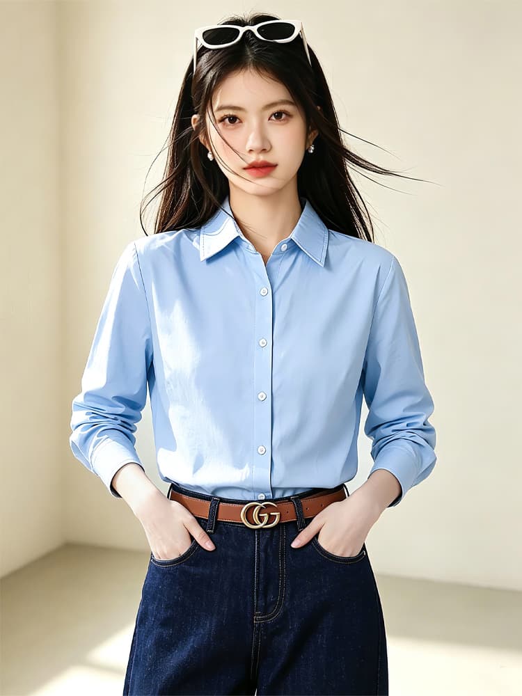 실사 프랑스식 고급 센스 파란색 긴팔 여성 셔츠 2026 가을 루즈핏 스택 착용 캐주얼 품격 셔츠 상세 이미지 5