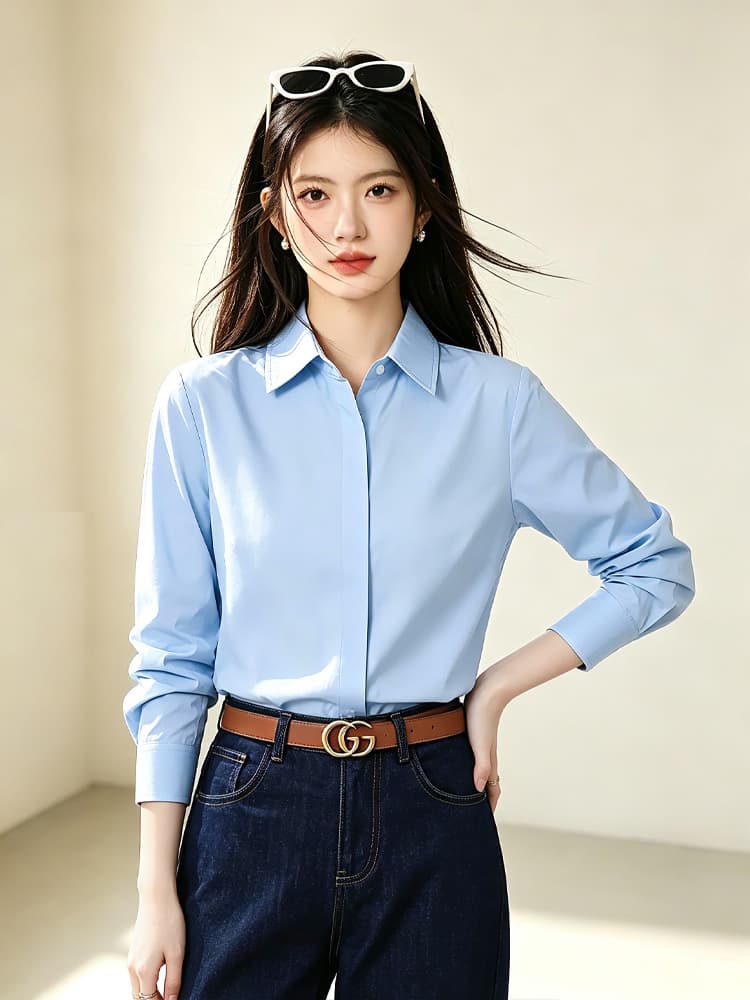 실사 배색 질감 센스 패치워크 폴로 칼라 긴팔 여성 셔츠 가을 새로운 루즈핏 다용도 긴팔 맨위 상세 이미지 3