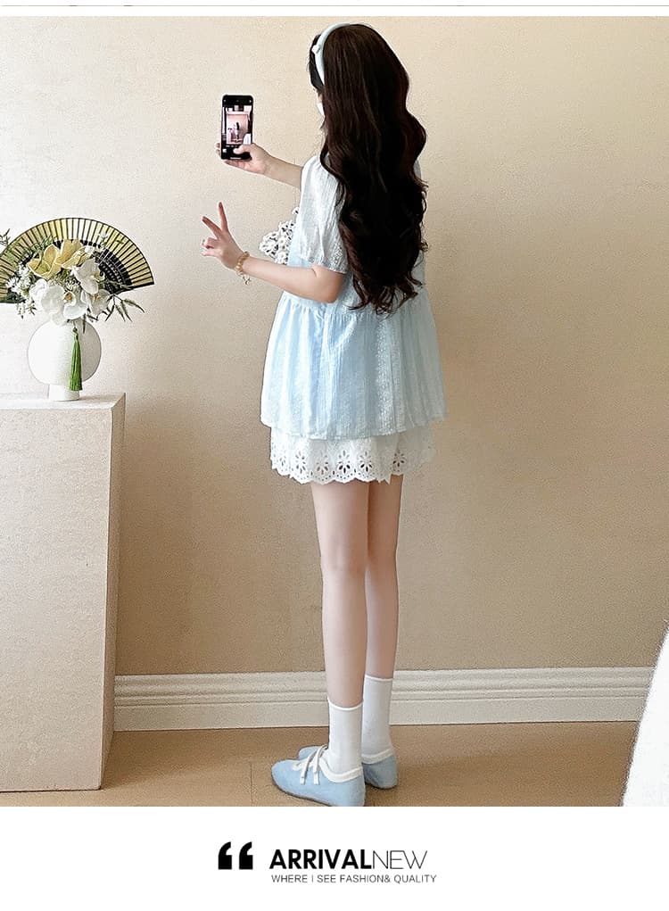 지금 실사 여름 새로운 한국 스타일 레이스 인형 셔츠 거품 소매 맨위 레이스 반바지 임산부 세트 상세 이미지 13