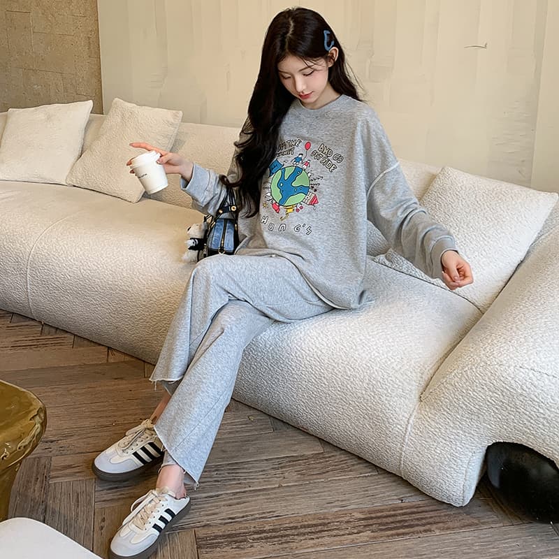 지금 실사 가을 새로운 한국 스타일 캐주얼 회색 프린트 후드티 임산부 세트 투피스 세트 이미지 4