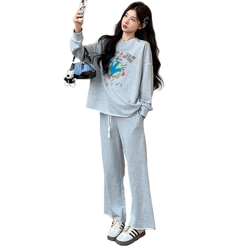 지금 실사 가을 새로운 한국 스타일 캐주얼 회색 프린트 후드티 임산부 세트 투피스 세트 이미지 6