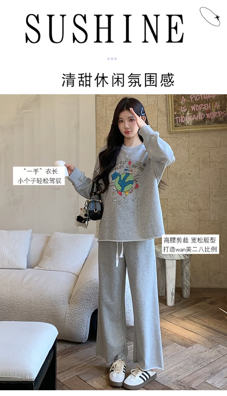 지금 실사 가을 새로운 한국 스타일 캐주얼 회색 프린트 후드티 임산부 세트 투피스 세트 상세 이미지 3