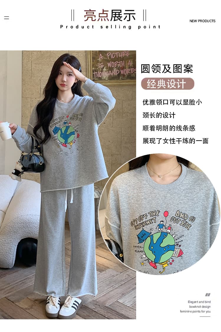 지금 실사 가을 새로운 한국 스타일 캐주얼 회색 프린트 후드티 임산부 세트 투피스 세트 상세 이미지 4