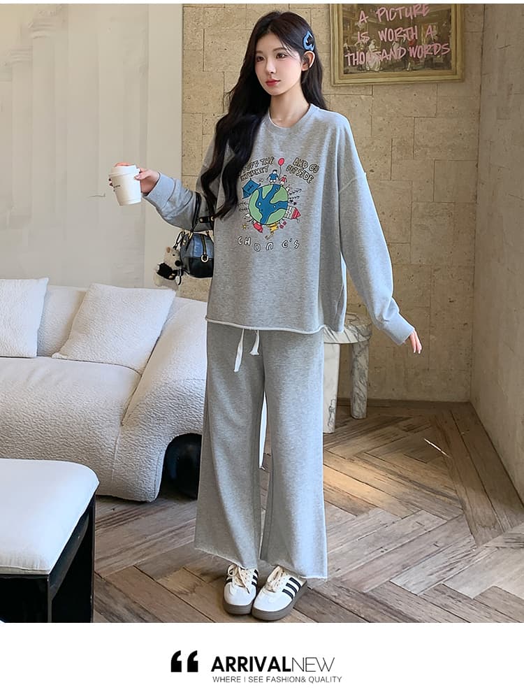 지금 실사 가을 새로운 한국 스타일 캐주얼 회색 프린트 후드티 임산부 세트 투피스 세트 상세 이미지 16