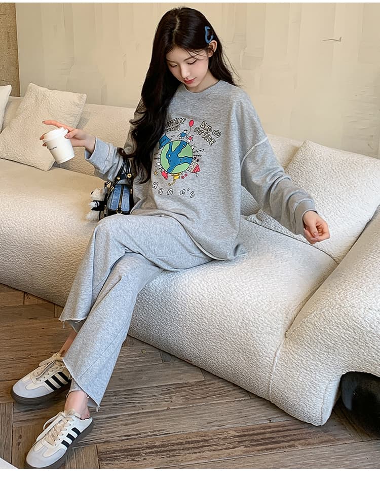 지금 실사 가을 새로운 한국 스타일 캐주얼 회색 프린트 후드티 임산부 세트 투피스 세트 상세 이미지 24