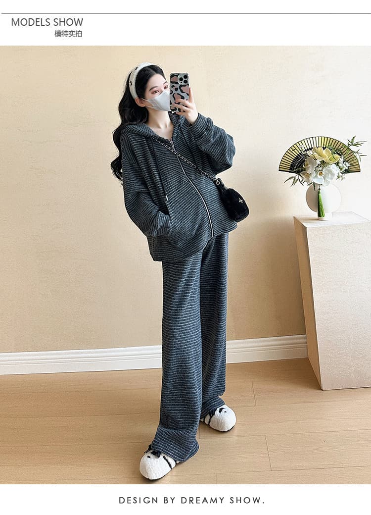 지금 실사 가을 겨울철 새로운 캐주얼 후드티 두꺼운 스트라이프 후드 임산부 세트 투피스 세트 상세 이미지 10