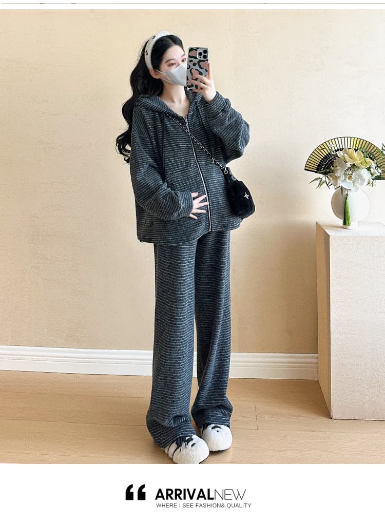 지금 실사 가을 겨울철 새로운 캐주얼 후드티 두꺼운 스트라이프 후드 임산부 세트 투피스 세트 상세 이미지 11