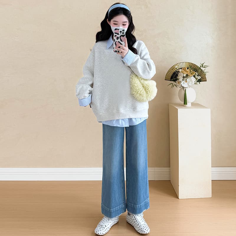 지금 실사 가을 겨울 새로운 한국 스타일 캐주얼 두꺼운 페이크 레이어드 패치워크 폴로 칼라 후드티 임산부 맨위 이미지 4
