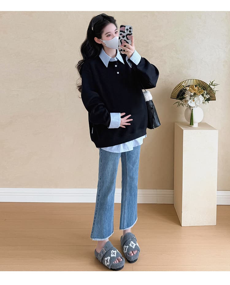 지금 실사 가을 겨울 새로운 한국 스타일 캐주얼 두꺼운 페이크 레이어드 패치워크 폴로 칼라 후드티 임산부 맨위 상세 이미지 19
