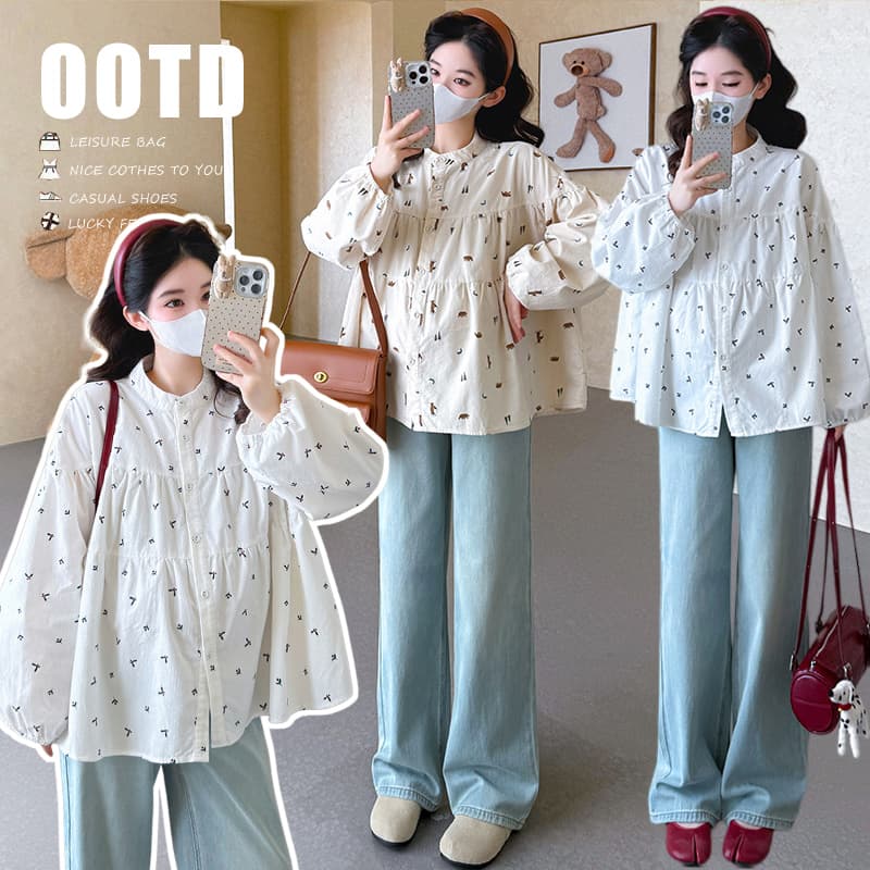 실사 봄 새로운 한 부서 인형 셔츠 루즈핏 임산부 셔츠 오픈 가디건 이미지 2