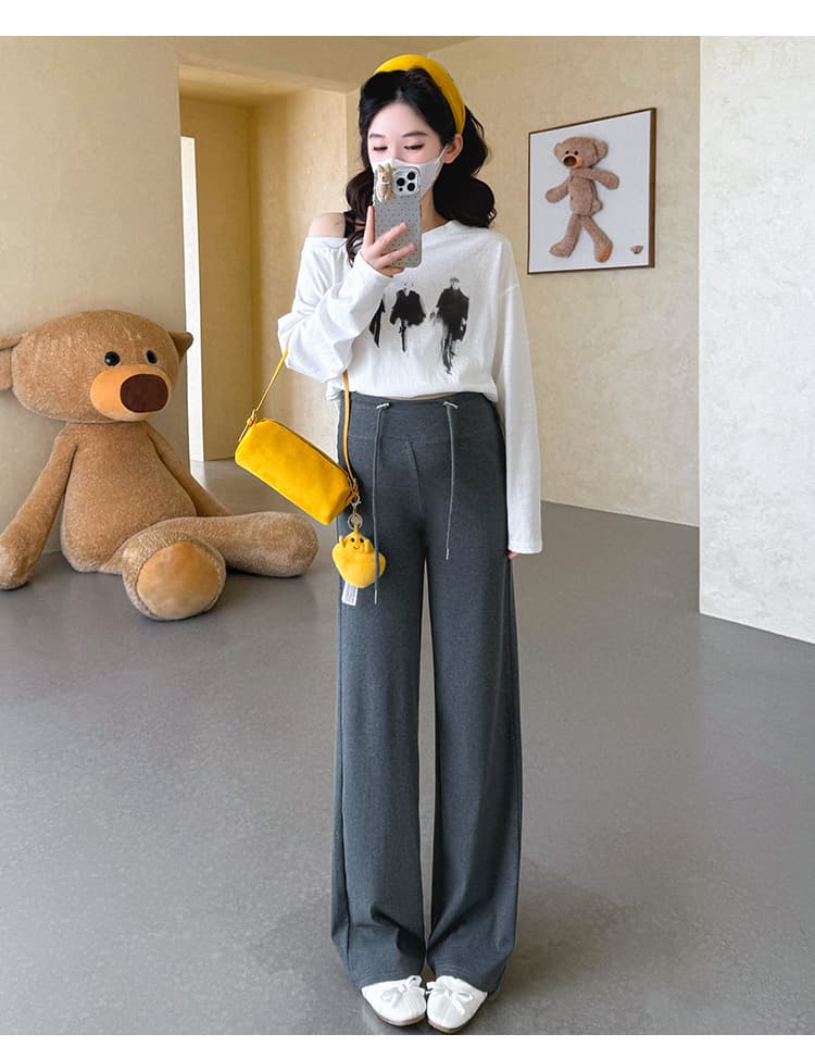지금 실사 봄 새로운 한국 스타일 루즈핏 오프숄더 티셔츠 임산부 세트 투피스 세트 상세 이미지 15