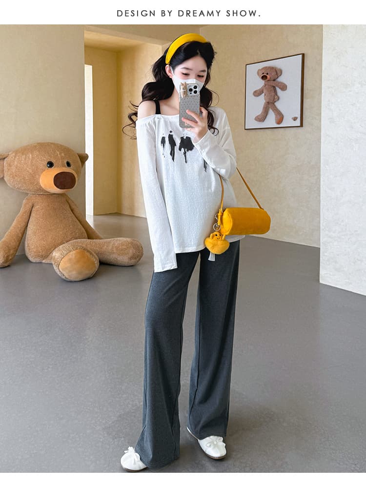 지금 실사 봄 새로운 한국 스타일 루즈핏 오프숄더 티셔츠 임산부 세트 투피스 세트 상세 이미지 22
