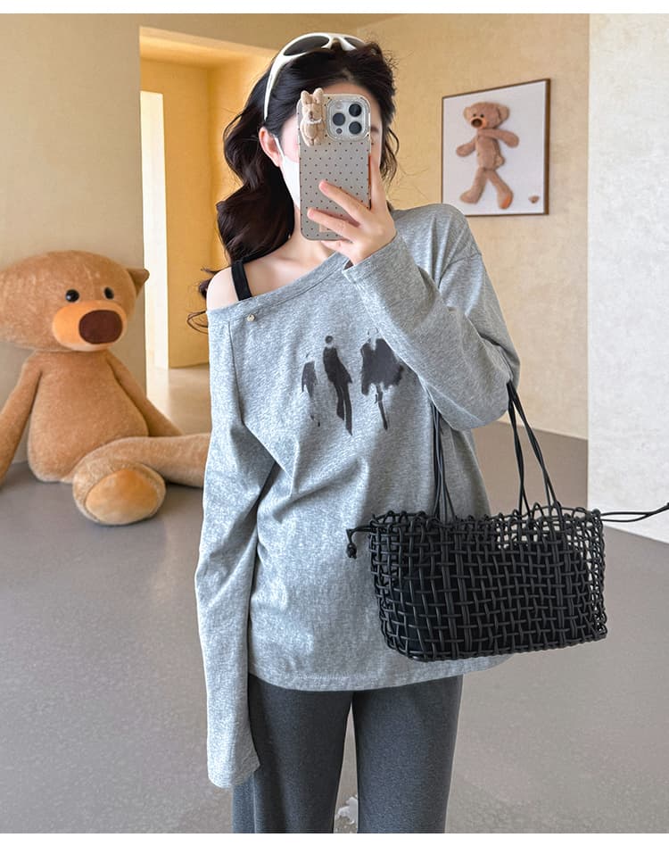 지금 실사 봄 새로운 한국 스타일 루즈핏 오프숄더 티셔츠 임산부 세트 투피스 세트 상세 이미지 29