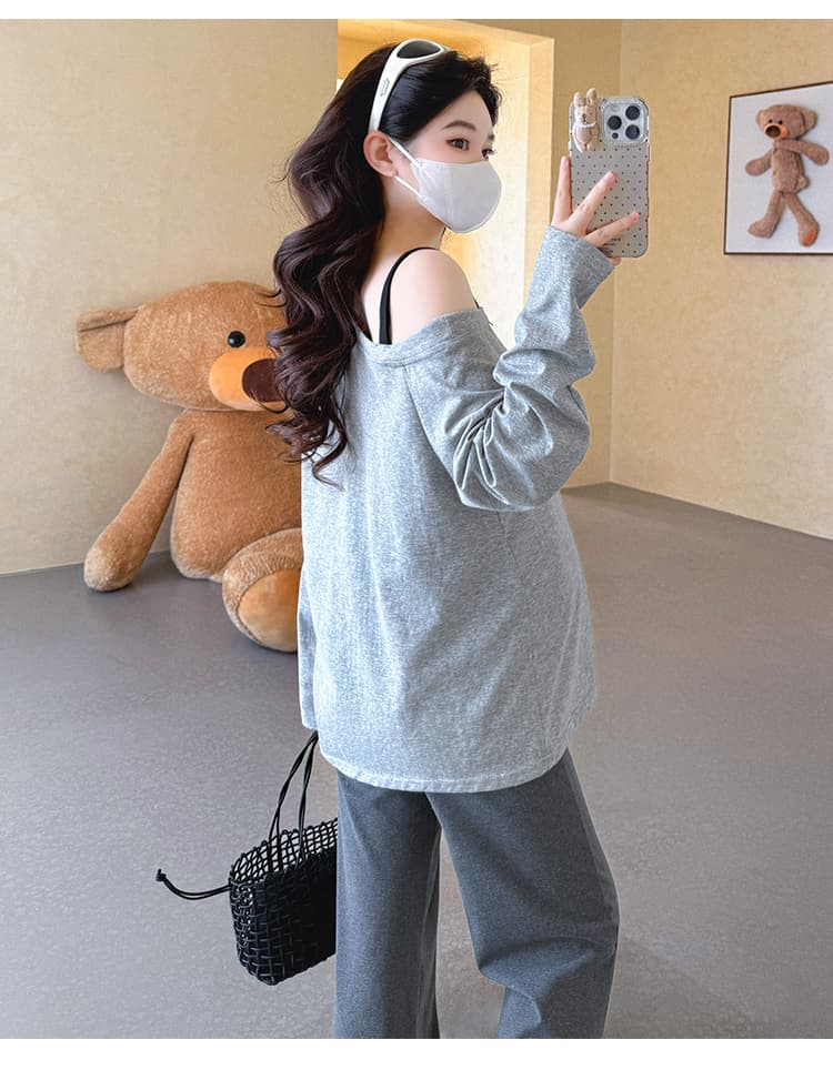 지금 실사 봄 새로운 한국 스타일 루즈핏 오프숄더 티셔츠 임산부 세트 투피스 세트 상세 이미지 30