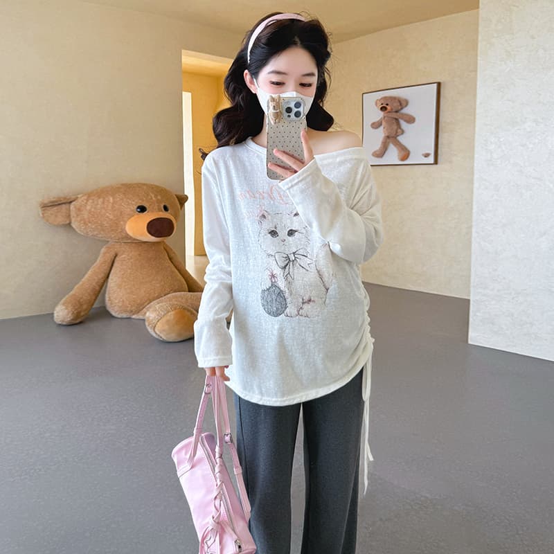 지금 실사 봄 새로운 한국 스타일 새로운 프린트 루즈핏 펌프 로프 스트랩 임산부 세트 투피스 세트 이미지 5