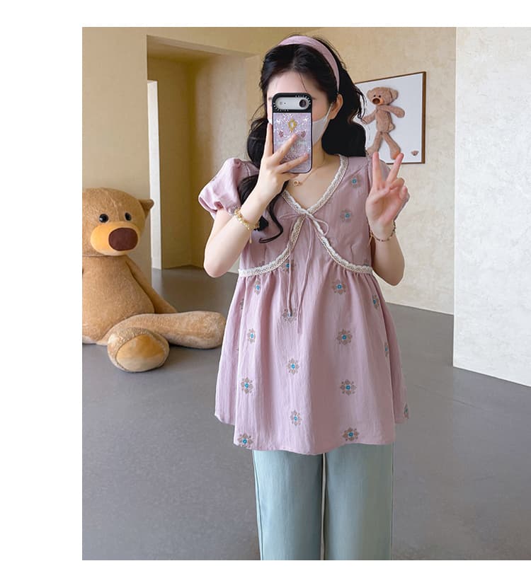 지금 실사 여름 새 버전 한 부서 달콤함 거품 소매 인형 셔츠 자수 임산부 맨위 상세 이미지 30