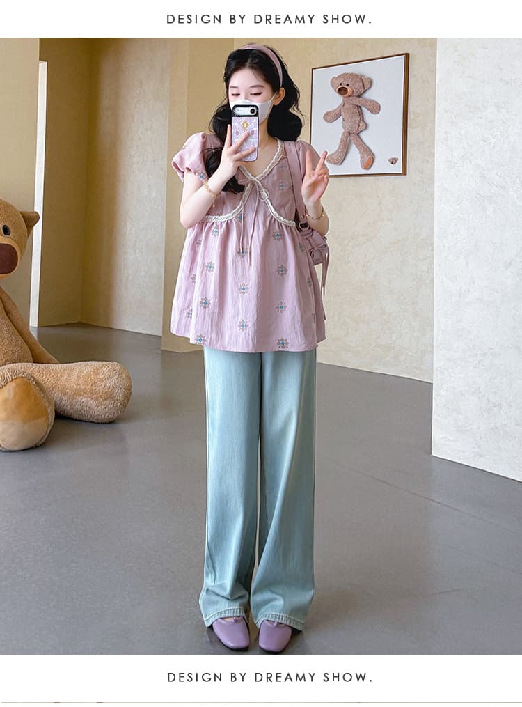 지금 실사 여름 새 버전 한 부서 달콤함 거품 소매 인형 셔츠 자수 임산부 맨위 상세 이미지 41