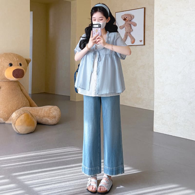 실사 여름 새로운 한 부서 달콤함 레이스 칼라 레이스업 루즈핏 인형 셔츠 페이크 레이어드 임산부 맨위 이미지 5