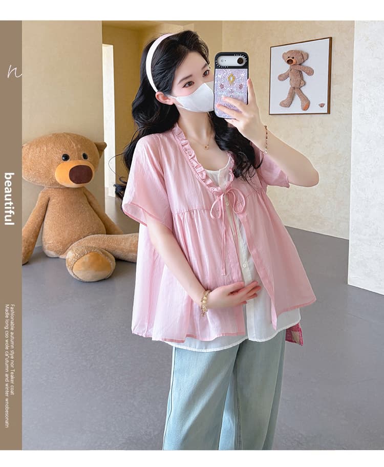 실사 여름 새로운 한 부서 달콤함 레이스 칼라 레이스업 루즈핏 인형 셔츠 페이크 레이어드 임산부 맨위 상세 이미지 6