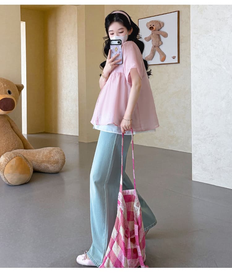 실사 여름 새로운 한 부서 달콤함 레이스 칼라 레이스업 루즈핏 인형 셔츠 페이크 레이어드 임산부 맨위 상세 이미지 14