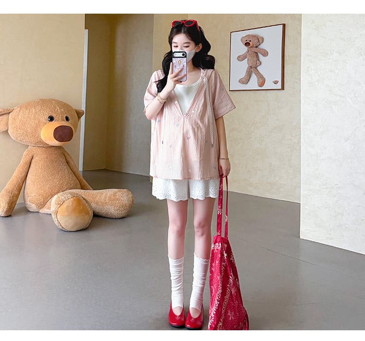 실사 지금 여름 새로운 한 부서 레이스 자수 페이크 레이어드 루즈핏 임산부 세트 투피스 세트 상세 이미지 40