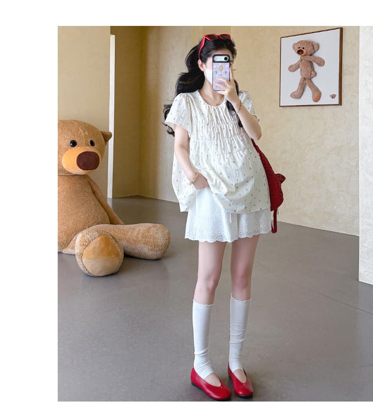 지금 실사 여름 새로운 한 부서 달콤함 꽃무늬 인형 셔츠 루즈핏 임산부 맨위 반바지 임산부 세트 상세 이미지 14