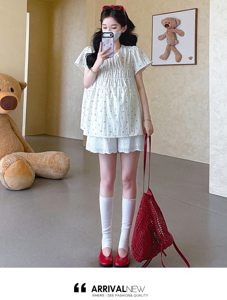 지금 실사 여름 새로운 한 부서 달콤함 꽃무늬 인형 셔츠 루즈핏 임산부 맨위 반바지 임산부 세트 상세 이미지 17