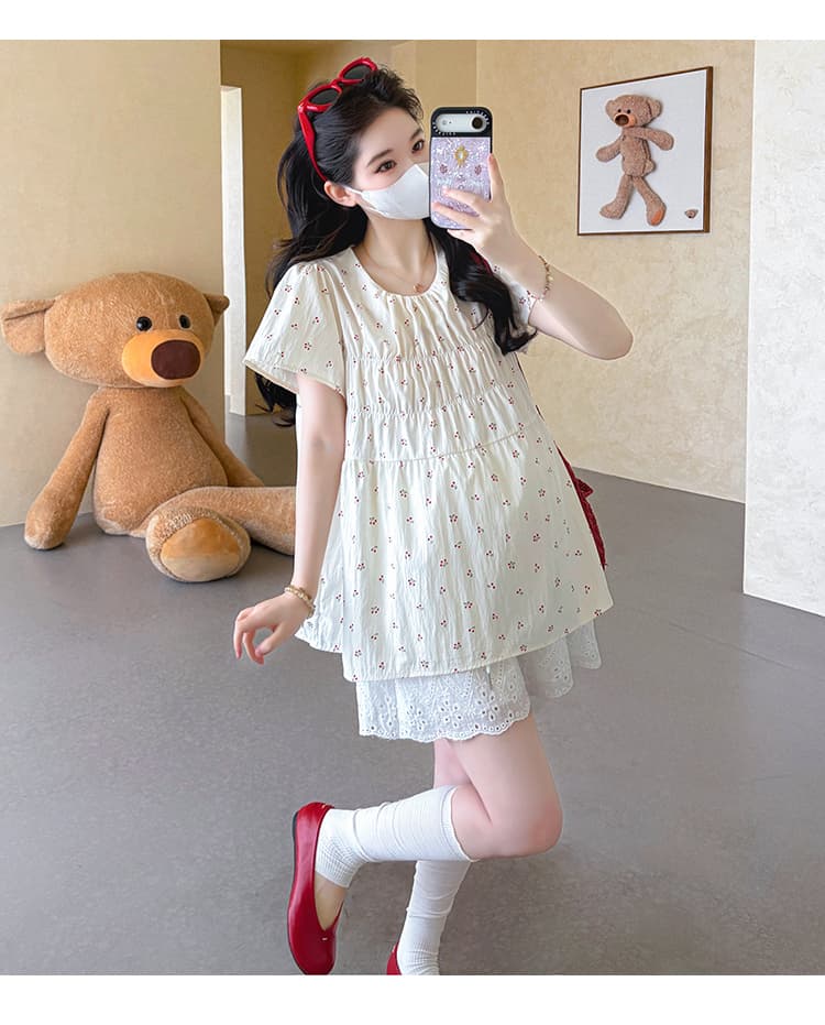 지금 실사 여름 새로운 한 부서 달콤함 꽃무늬 인형 셔츠 루즈핏 임산부 맨위 반바지 임산부 세트 상세 이미지 18