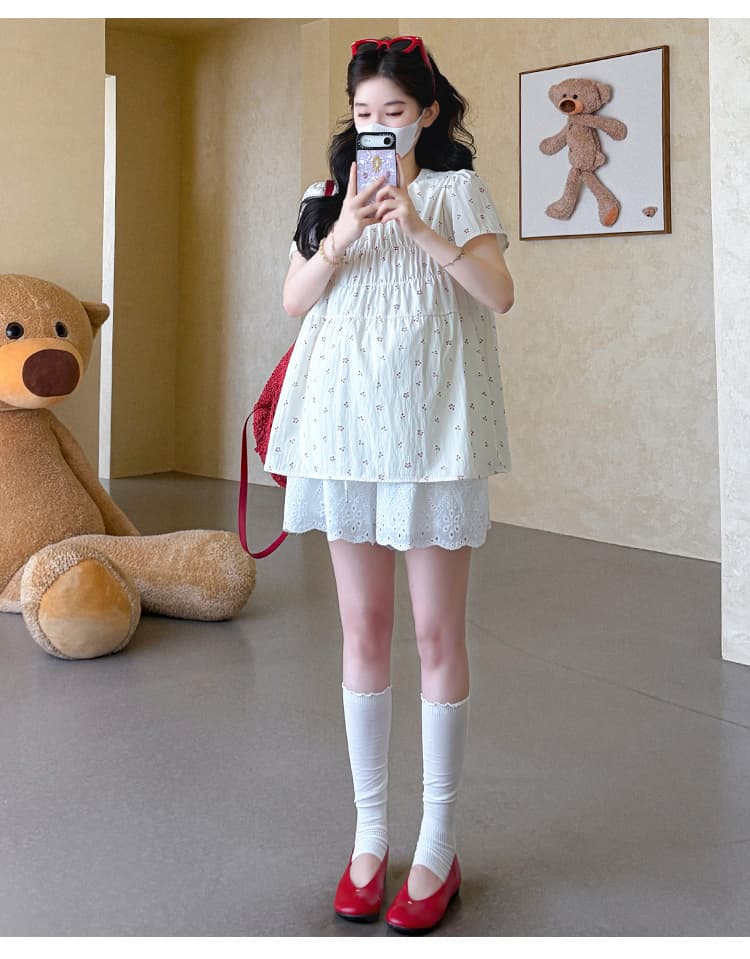 지금 실사 여름 새로운 한 부서 달콤함 꽃무늬 인형 셔츠 루즈핏 임산부 맨위 반바지 임산부 세트 상세 이미지 21