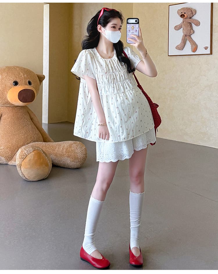 지금 실사 여름 새로운 한 부서 달콤함 꽃무늬 인형 셔츠 루즈핏 임산부 맨위 반바지 임산부 세트 상세 이미지 23