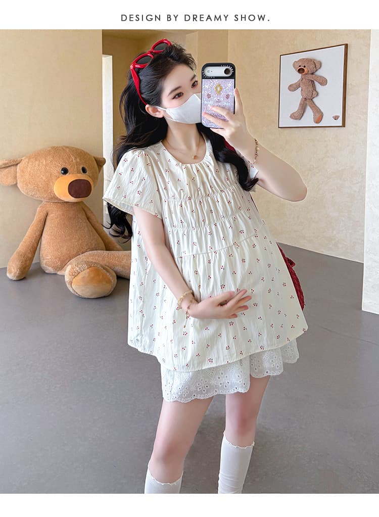 지금 실사 여름 새로운 한 부서 달콤함 꽃무늬 인형 셔츠 루즈핏 임산부 맨위 반바지 임산부 세트 상세 이미지 24