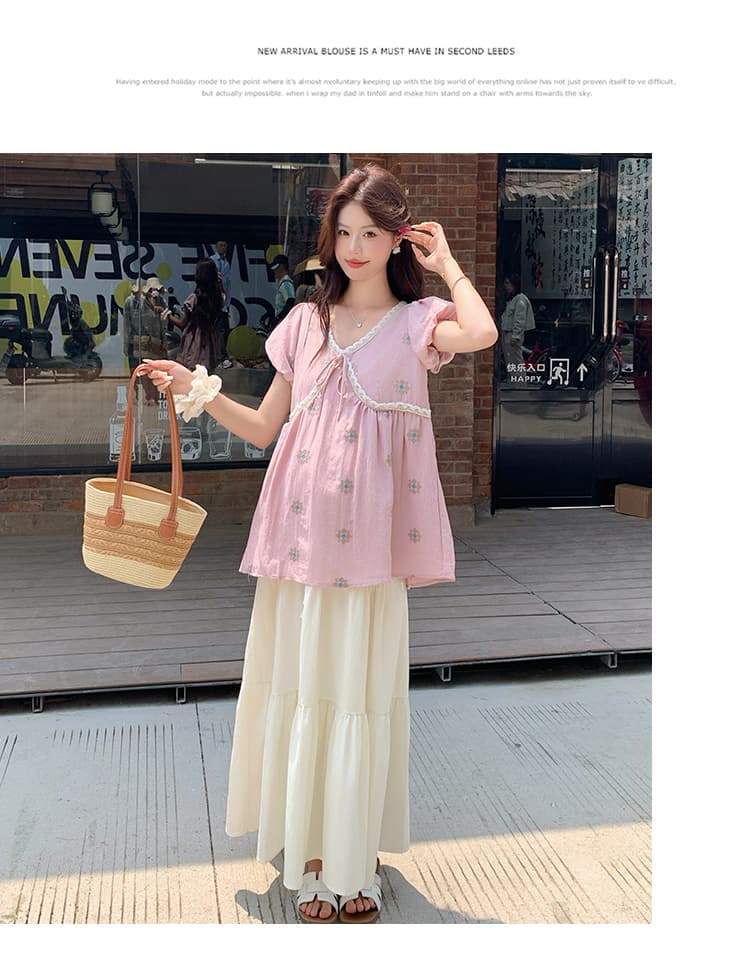 지금 실사 여름 새 버전 한 부서 달콤함 거품 소매 인형 셔츠 자수 임산부 맨위 치마 임산부 세트 상세 이미지 14