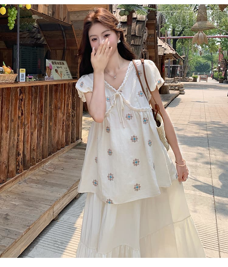 지금 실사 여름 새 버전 한 부서 달콤함 거품 소매 인형 셔츠 자수 임산부 맨위 치마 임산부 세트 상세 이미지 32