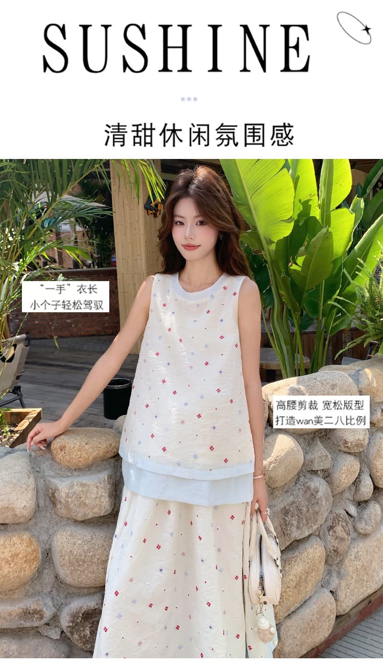 지금 실사 여름 새로운 한 부서 달콤함 작은 꽃 자수 패치워크 민소매 임산부 세트 투피스 세트 상세 이미지 3
