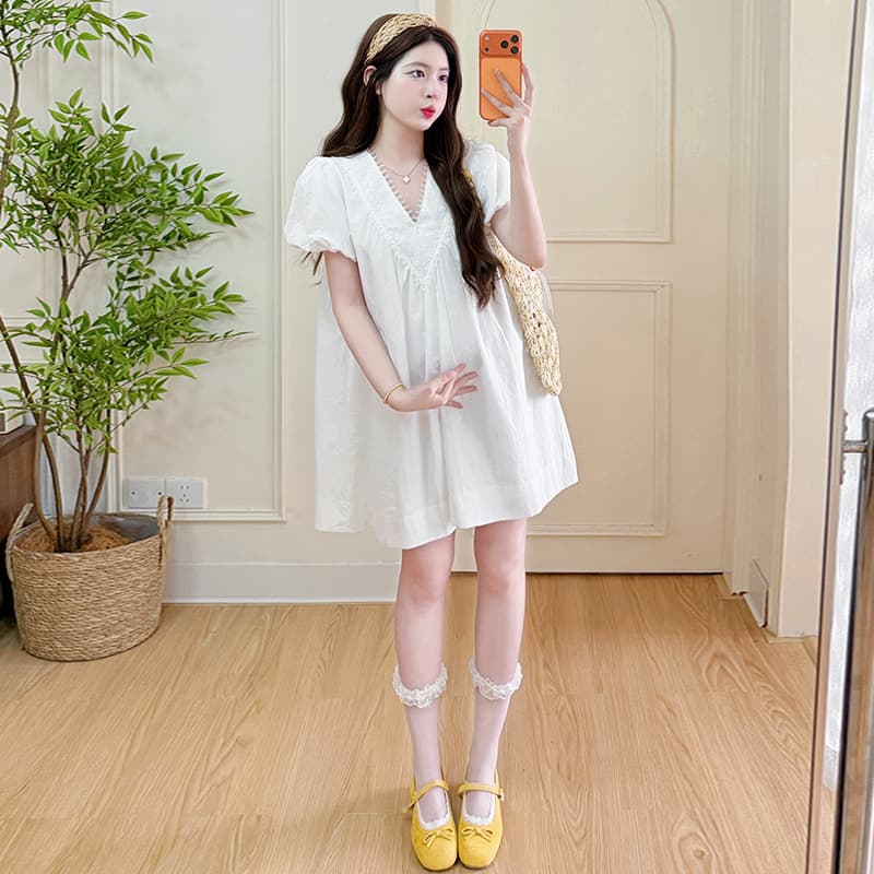 지금 실사 여름 새로운 레이스 V넥 슬림해 보이는 표지 배 루즈핏 임산부 드레스 이미지 5