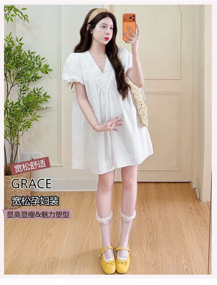 지금 실사 여름 새로운 레이스 V넥 슬림해 보이는 표지 배 루즈핏 임산부 드레스 상세 이미지 1