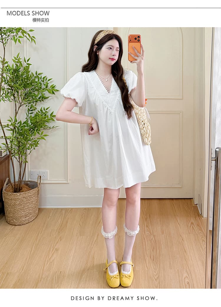 지금 실사 여름 새로운 레이스 V넥 슬림해 보이는 표지 배 루즈핏 임산부 드레스 상세 이미지 10