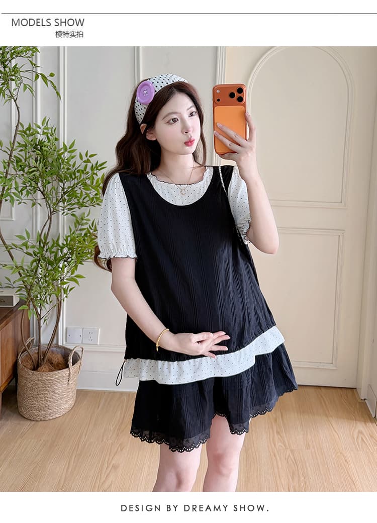 지금 실사 여름 새로운 한 부서 루즈핏 도트 무늬 패치워크 페이크 레이어드 맨위 코디 바지 임산부 세트 상세 이미지 10