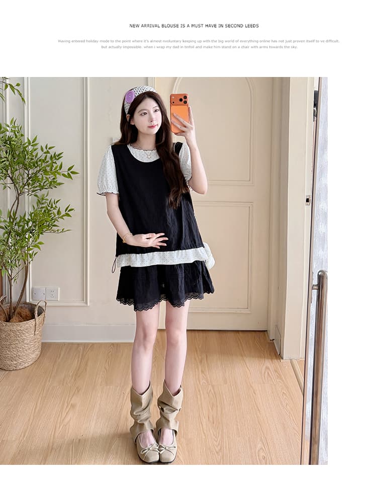 지금 실사 여름 새로운 한 부서 루즈핏 도트 무늬 패치워크 페이크 레이어드 맨위 코디 바지 임산부 세트 상세 이미지 13