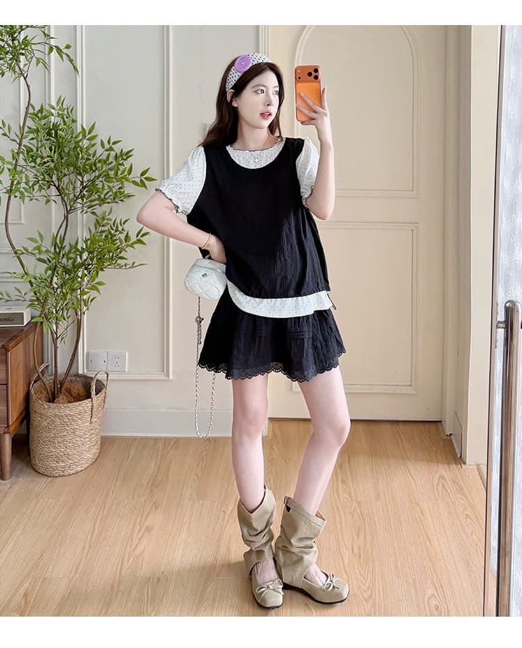 지금 실사 여름 새로운 한 부서 루즈핏 도트 무늬 패치워크 페이크 레이어드 맨위 코디 바지 임산부 세트 상세 이미지 18