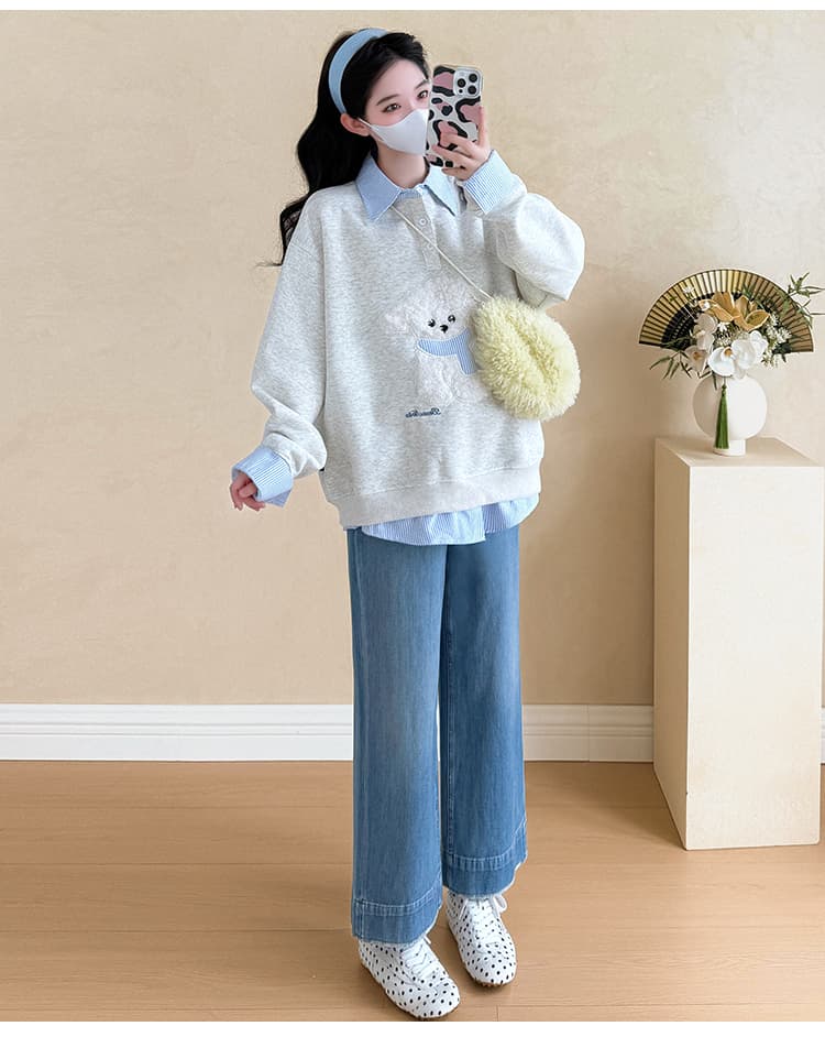 지금 실사 가을 겨울 새로운 한국 스타일 캐주얼 두꺼운 페이크 레이어드 패치워크 폴로 칼라 후드티 임산부 맨위 상세 이미지 23