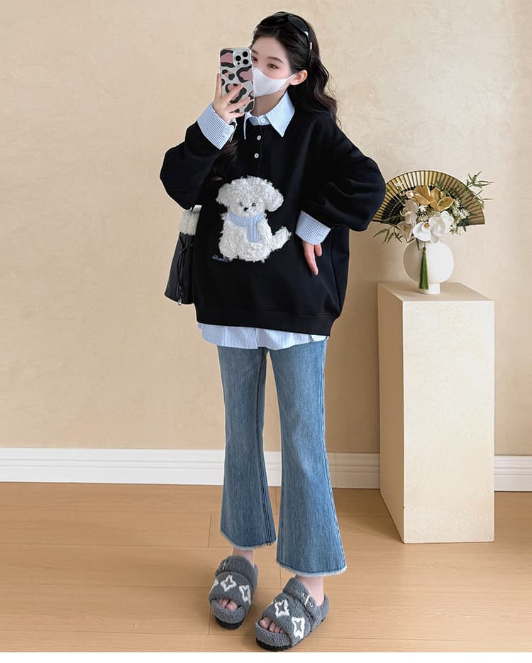 지금 실사 가을 겨울 새로운 한국 스타일 캐주얼 두꺼운 페이크 레이어드 패치워크 폴로 칼라 후드티 임산부 맨위 상세 이미지 25