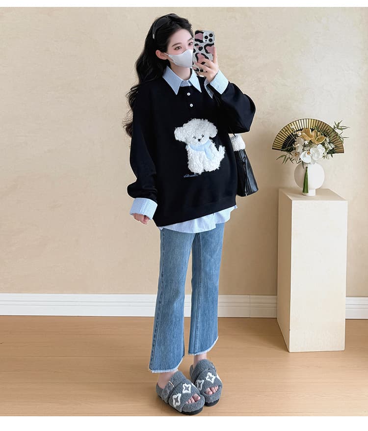 지금 실사 가을 겨울 새로운 한국 스타일 캐주얼 두꺼운 페이크 레이어드 패치워크 폴로 칼라 후드티 임산부 맨위 상세 이미지 31