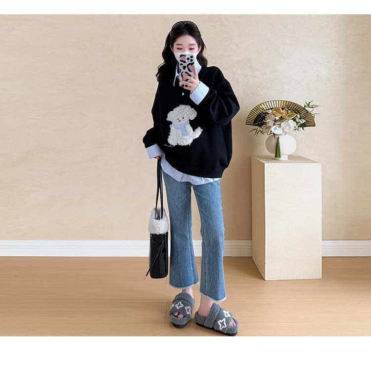 지금 실사 가을 겨울 새로운 한국 스타일 캐주얼 두꺼운 페이크 레이어드 패치워크 폴로 칼라 후드티 임산부 맨위 상세 이미지 39