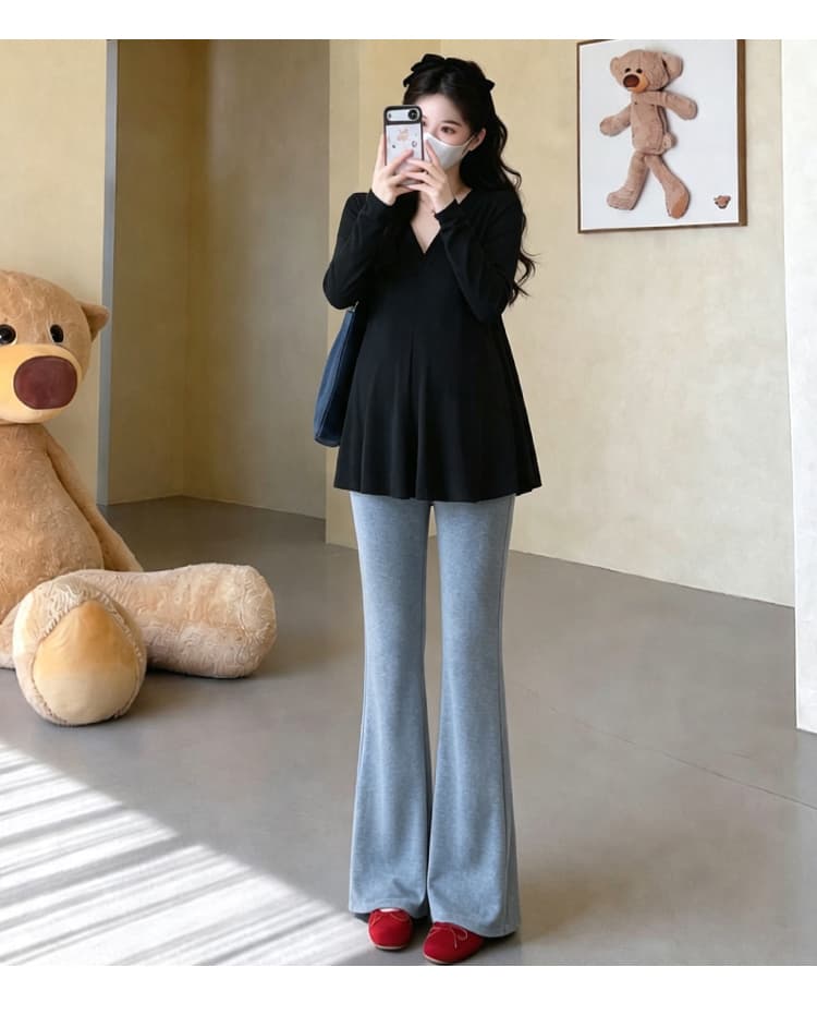 지금 실사 가을 새로운 한국 스타일 루즈핏 인어 꼬리 표지 배 임산부 맨위 나팔 바지 임산부 세트 상세 이미지 52