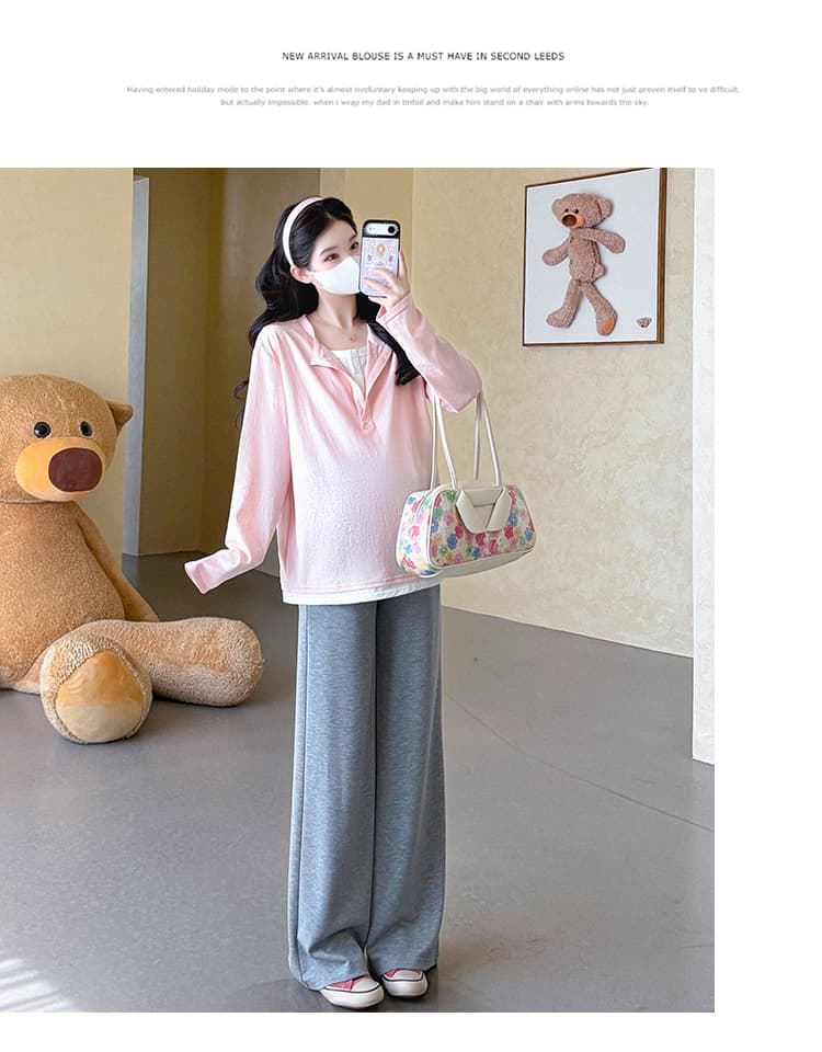 지금 실사 가을 새로운 한 부서 패치워크 페이크 레이어드 루즈핏 캐주얼 맨위 스트레이트 팬츠 임산부 세트 상세 이미지 15