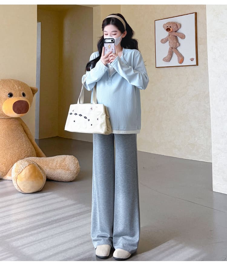 지금 실사 가을 새로운 한 부서 패치워크 페이크 레이어드 루즈핏 캐주얼 맨위 스트레이트 팬츠 임산부 세트 상세 이미지 29