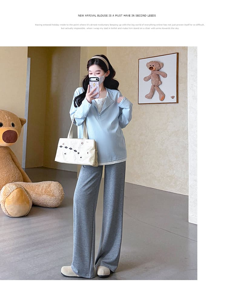 지금 실사 가을 새로운 한 부서 패치워크 페이크 레이어드 루즈핏 캐주얼 맨위 스트레이트 팬츠 임산부 세트 상세 이미지 30