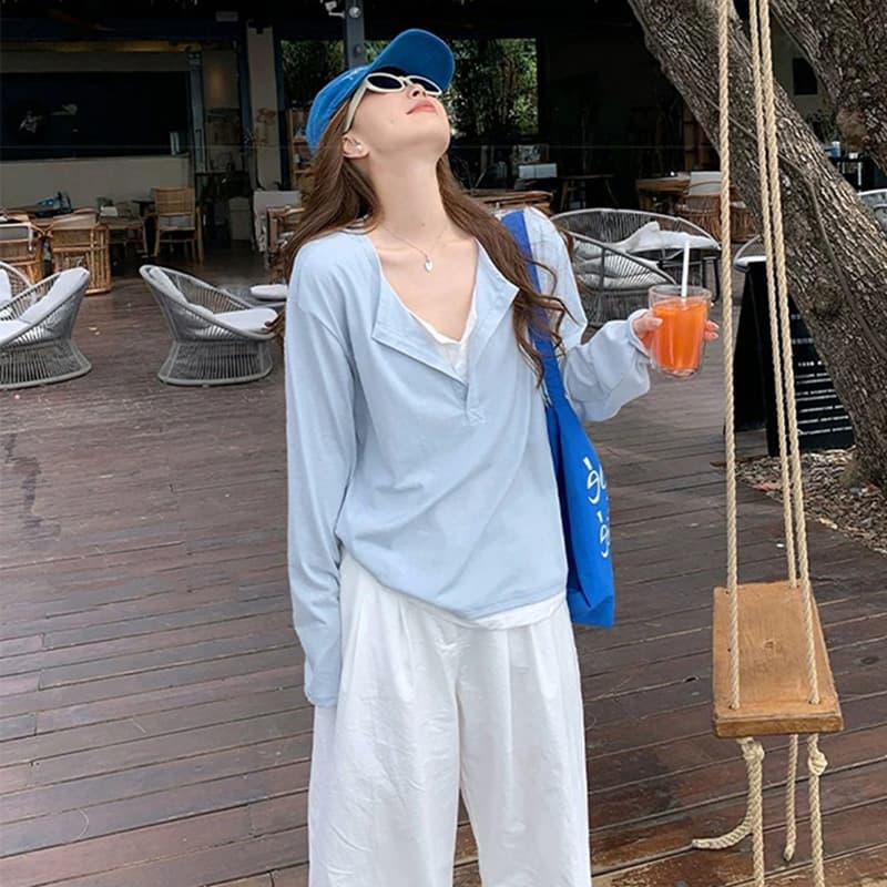 지금 가을 새로운 한 부서 패치워크 페이크 레이어드 루즈핏 캐주얼 맨위 스트레이트 팬츠 임산부 세트 이미지 4