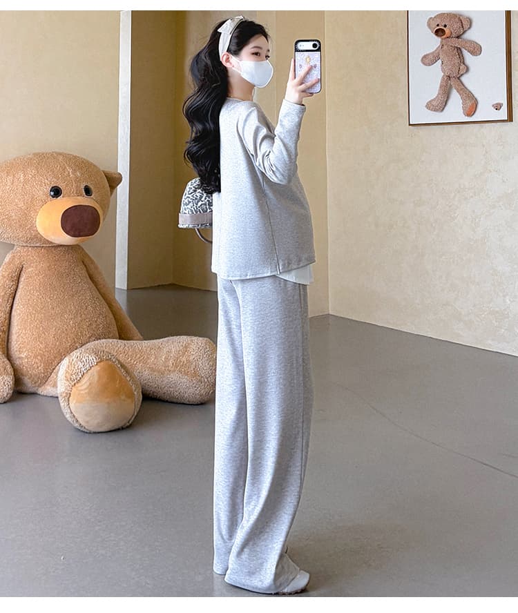 지금 실사 가을 새로운 한 부서 루즈핏 패치워크 페이크 레이어드 후드티 임산부 세트 투피스 세트 상세 이미지 14